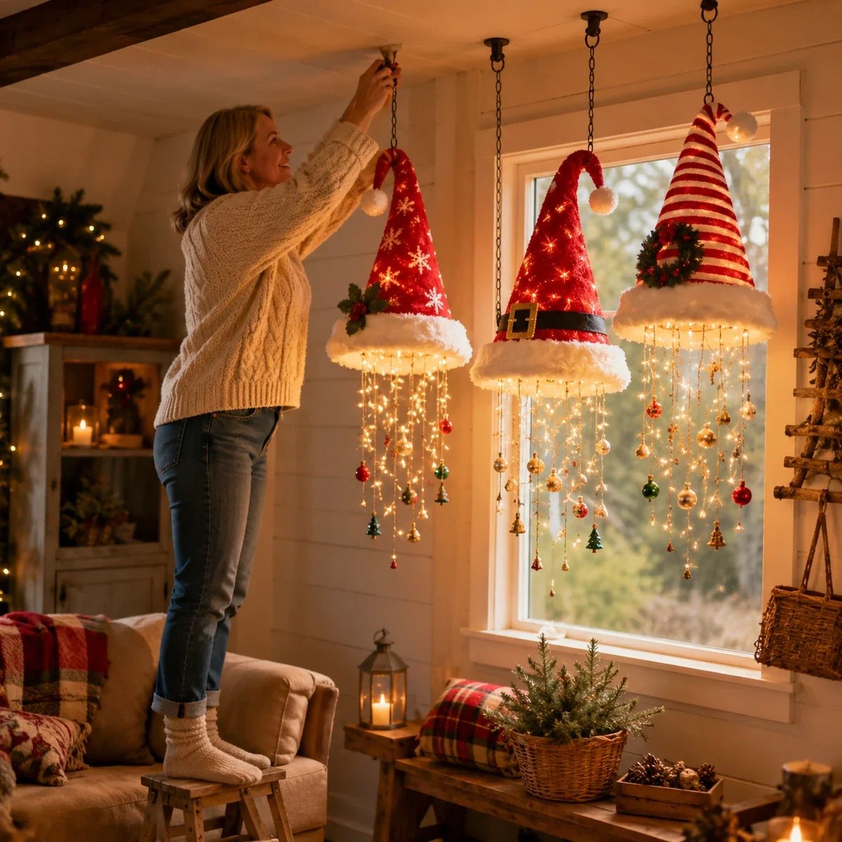 Woman hanging Santa hat chandelier