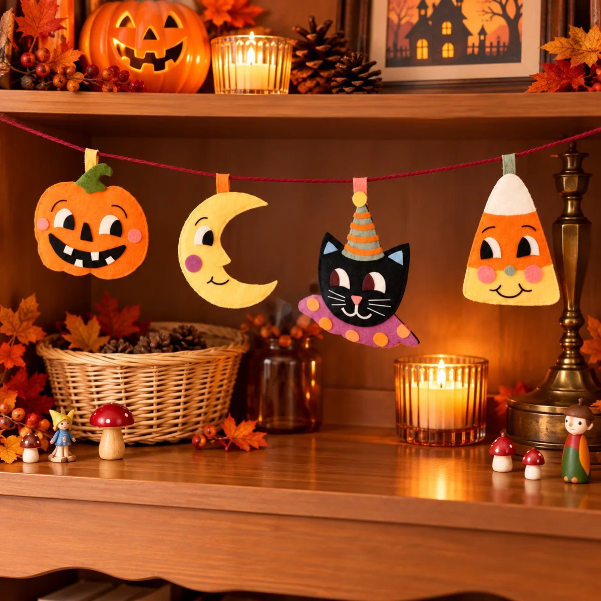 Halloween felt garland styled with pumpkins candles and autumn decorations