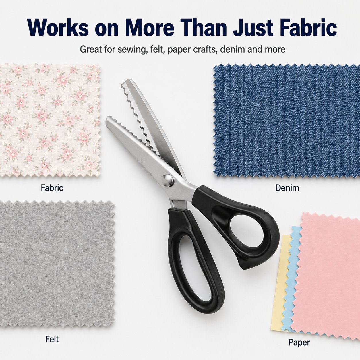 Pinking shears shown with fabric denim felt and paper