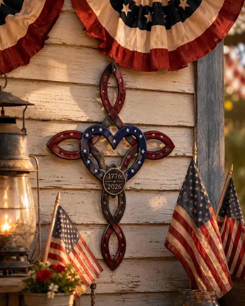 patriotic farmhouse porch with America 250th horseshoe cross