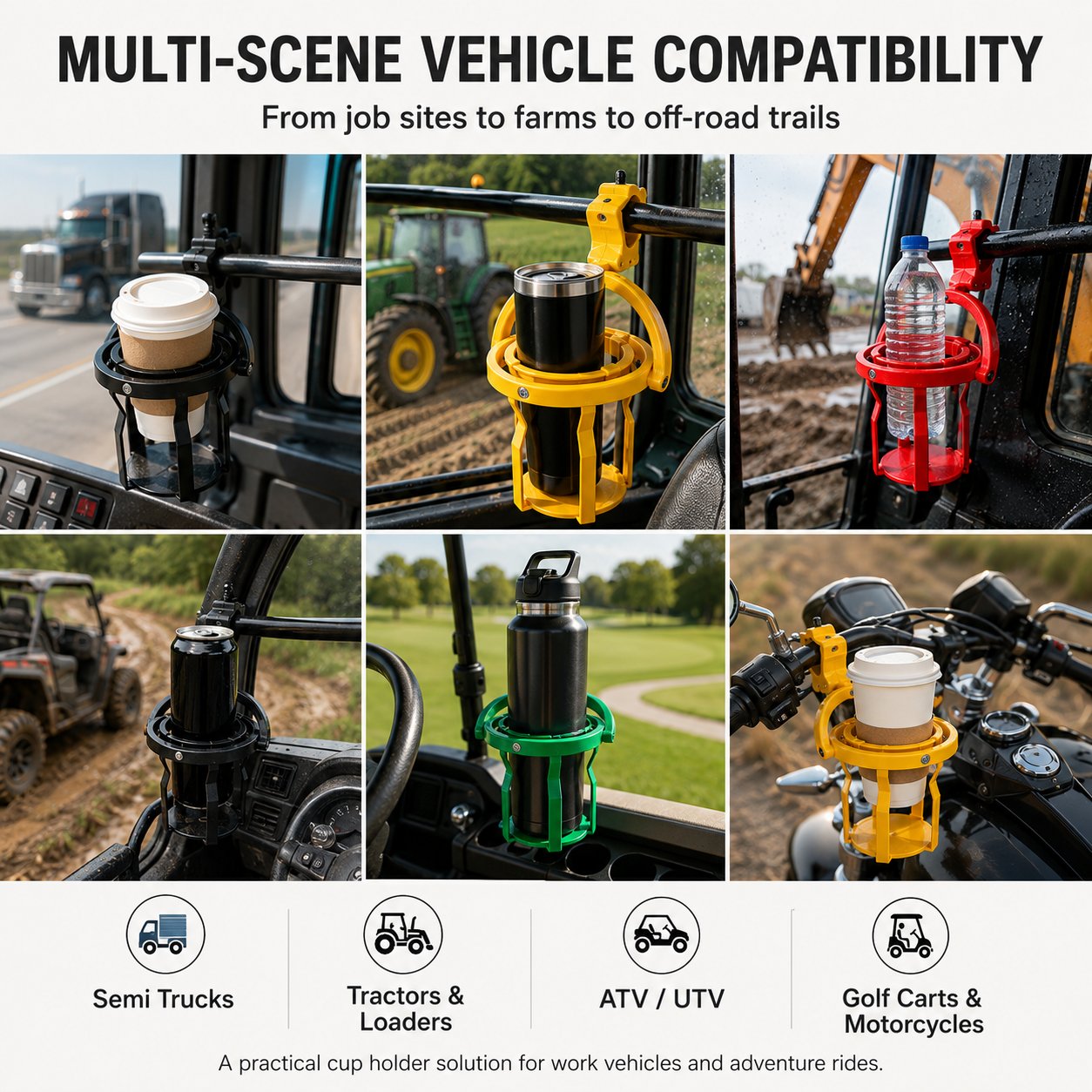 Anti spill cup holder for tractors trucks ATVs UTVs motorcycles and work vehicles