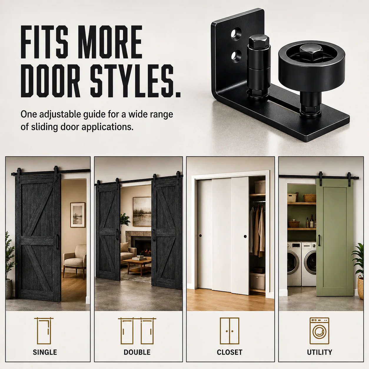 Multiple door styles and room settings showing versatile applications