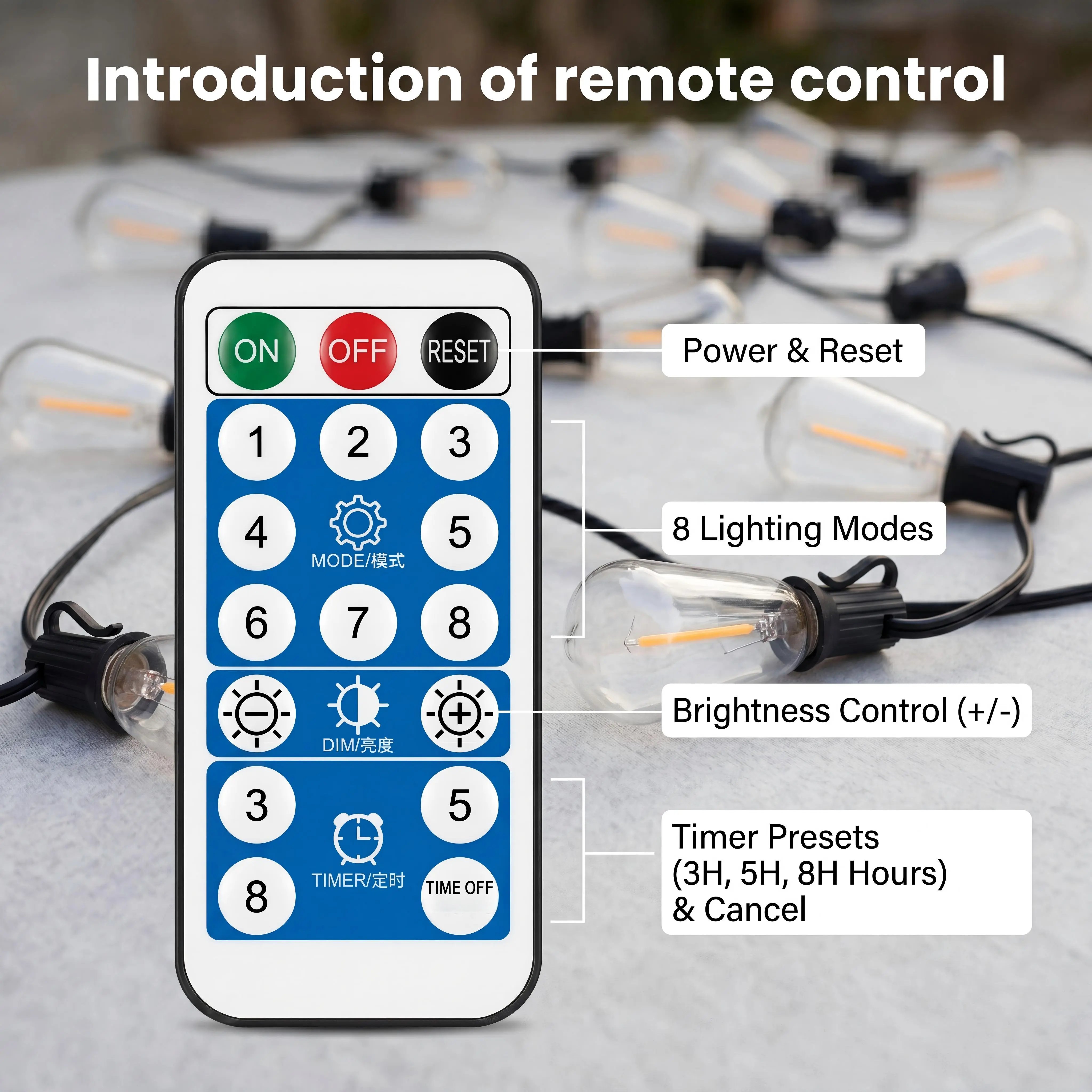 Solar string light remote control with eight modes brightness and timer controls