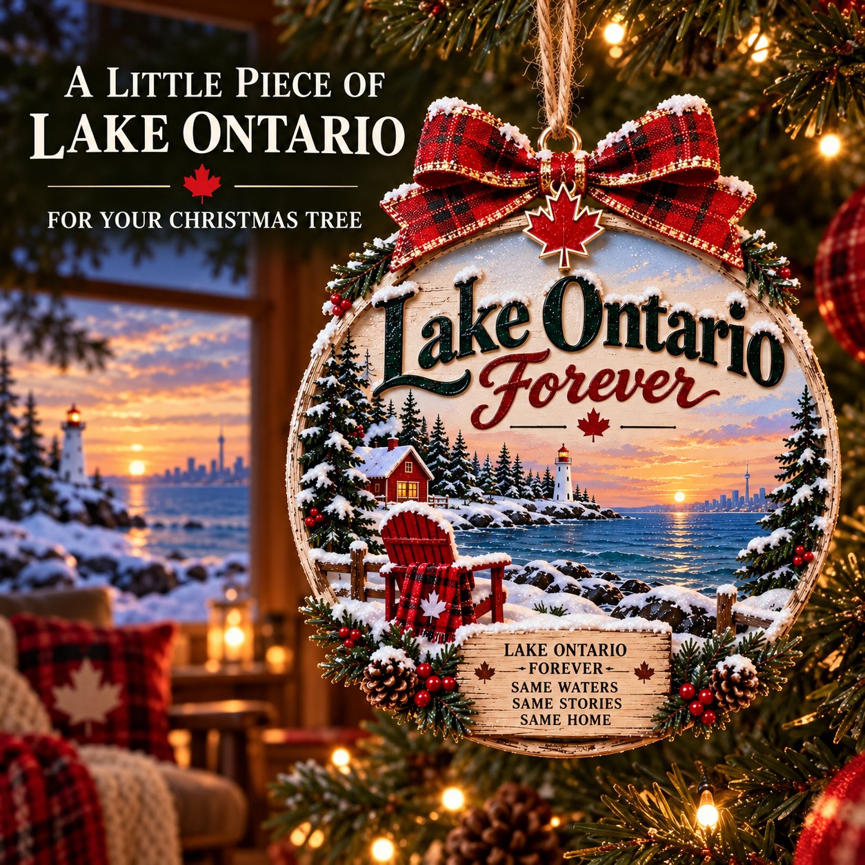 Lake Ontario Forever Christmas keepsake ornament displayed on a decorated tree