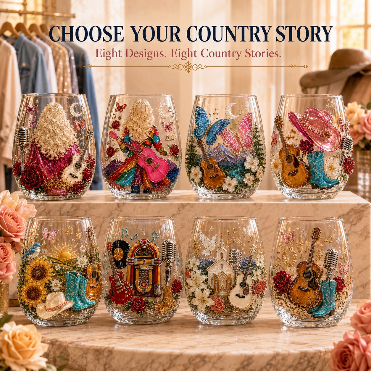 All eight Queen of Country raised 3D glass styles