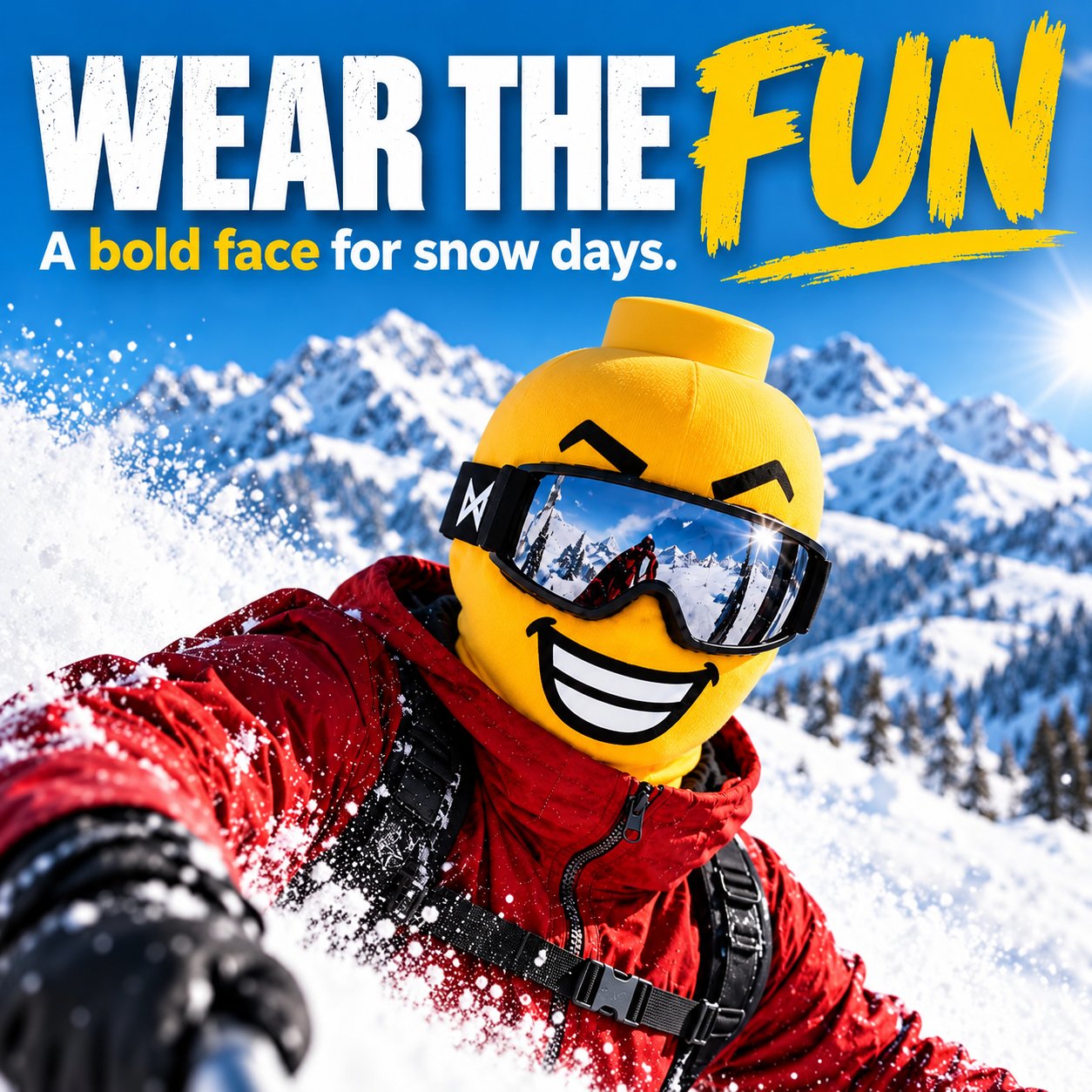 Big Cheese expression ski mask on a snowy mountain