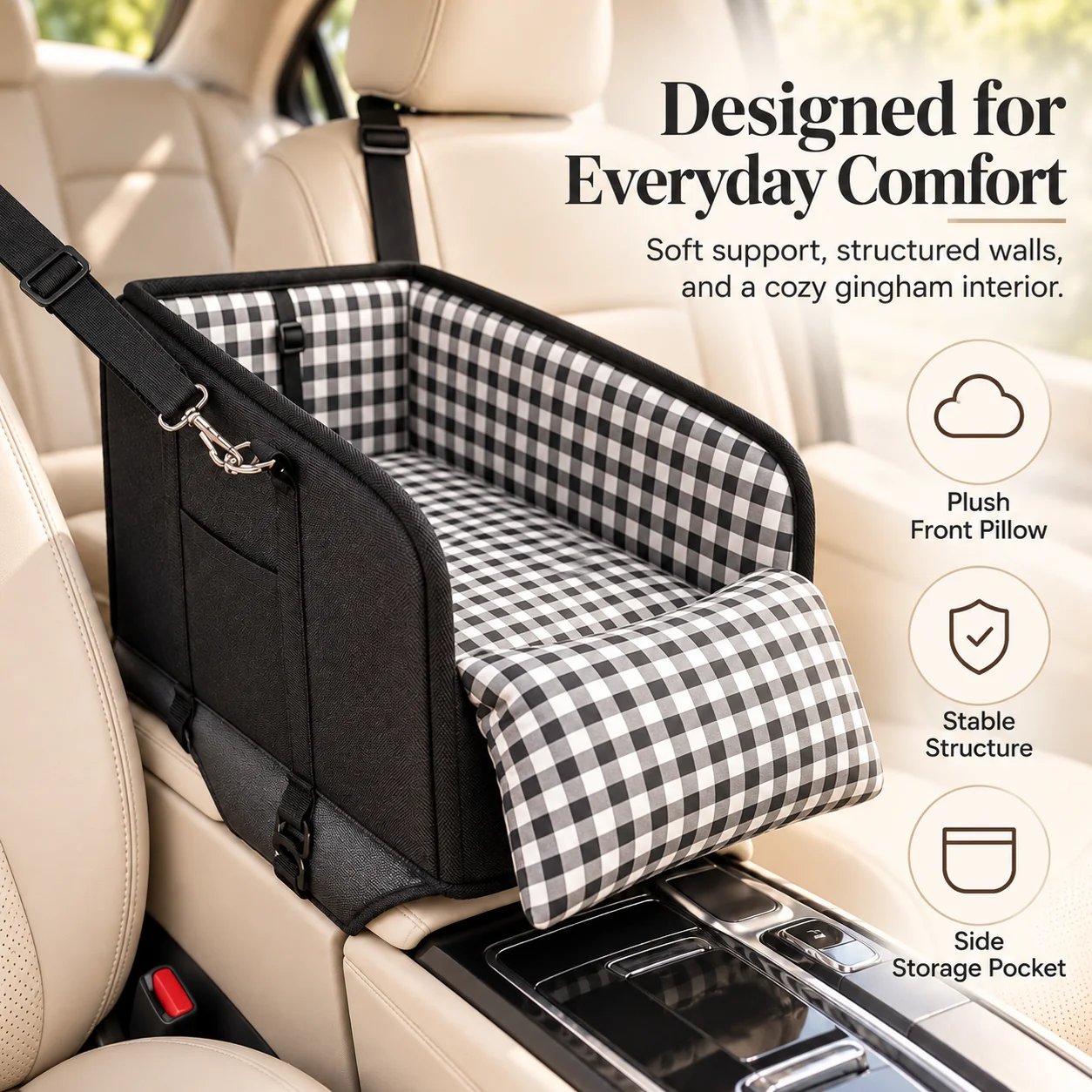 Close-up of black-and-white gingham pet console seat showing plush front pillow, structured raised walls and side storage pocket