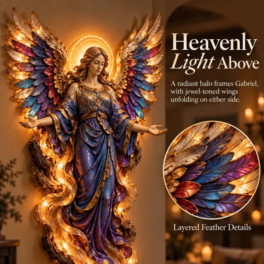 Close view of Gabriel halo and layered multicolored wings