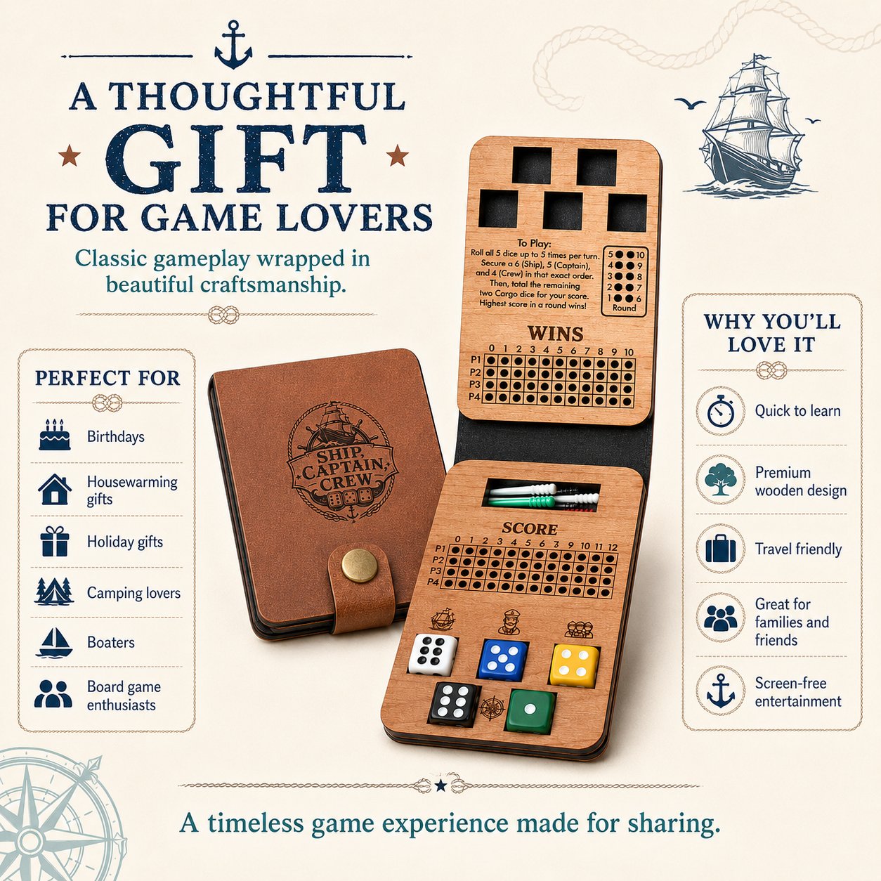 Wooden Dice Game Gift for Family and Friends