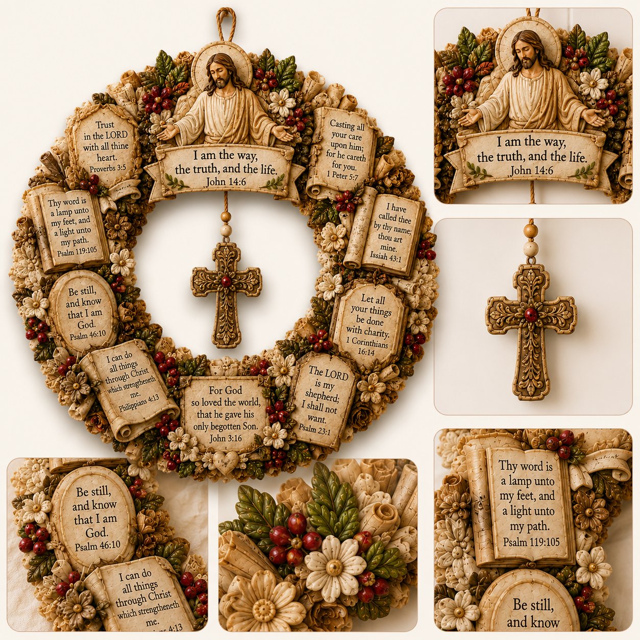 Christian wreath with vintage floral accents