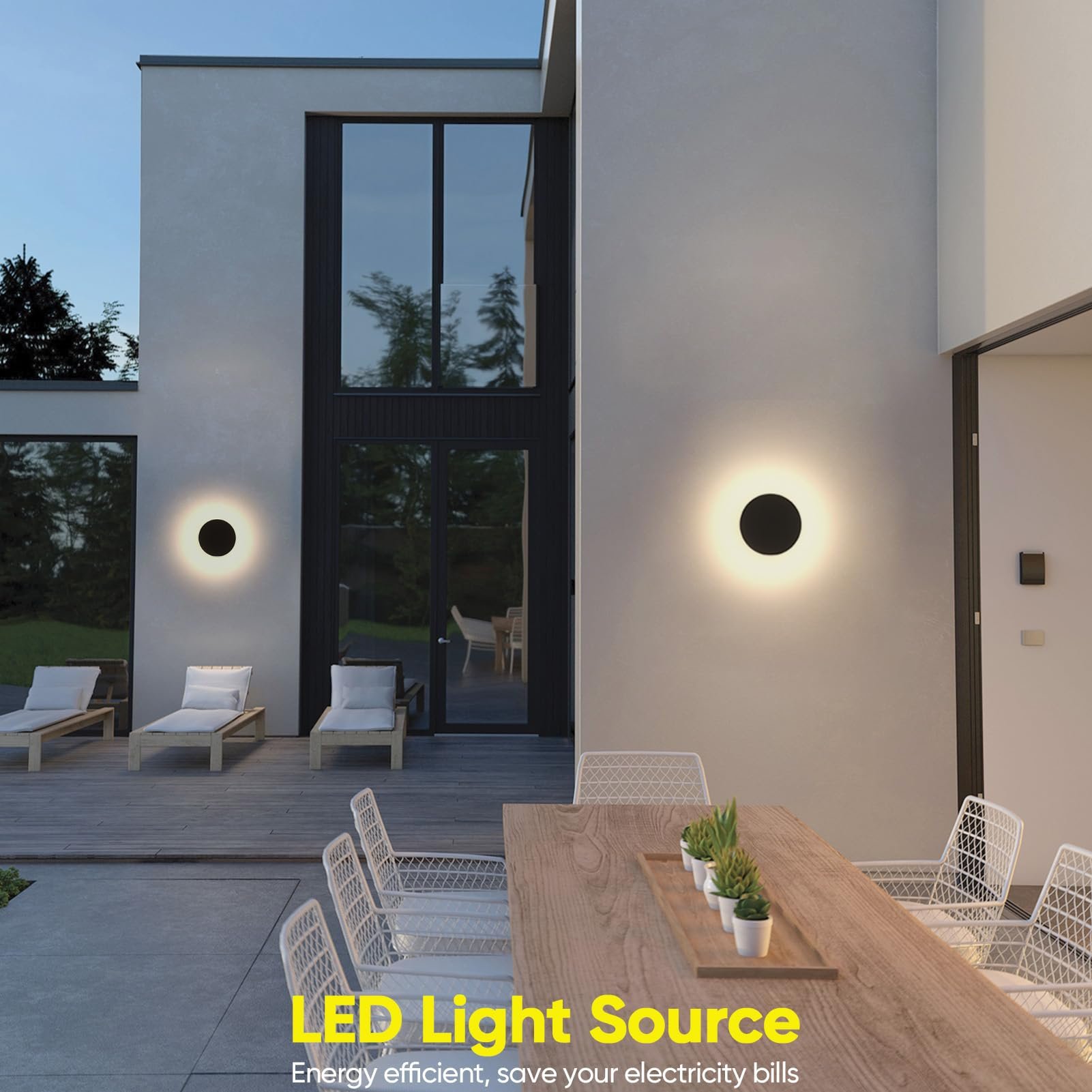 Outdoor scene at night showing the light and emphasizing LED light source for energy saving.