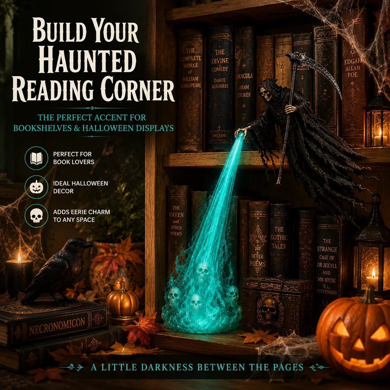 Haunted Halloween reading corner with Soul Harvester bookshelf decoration