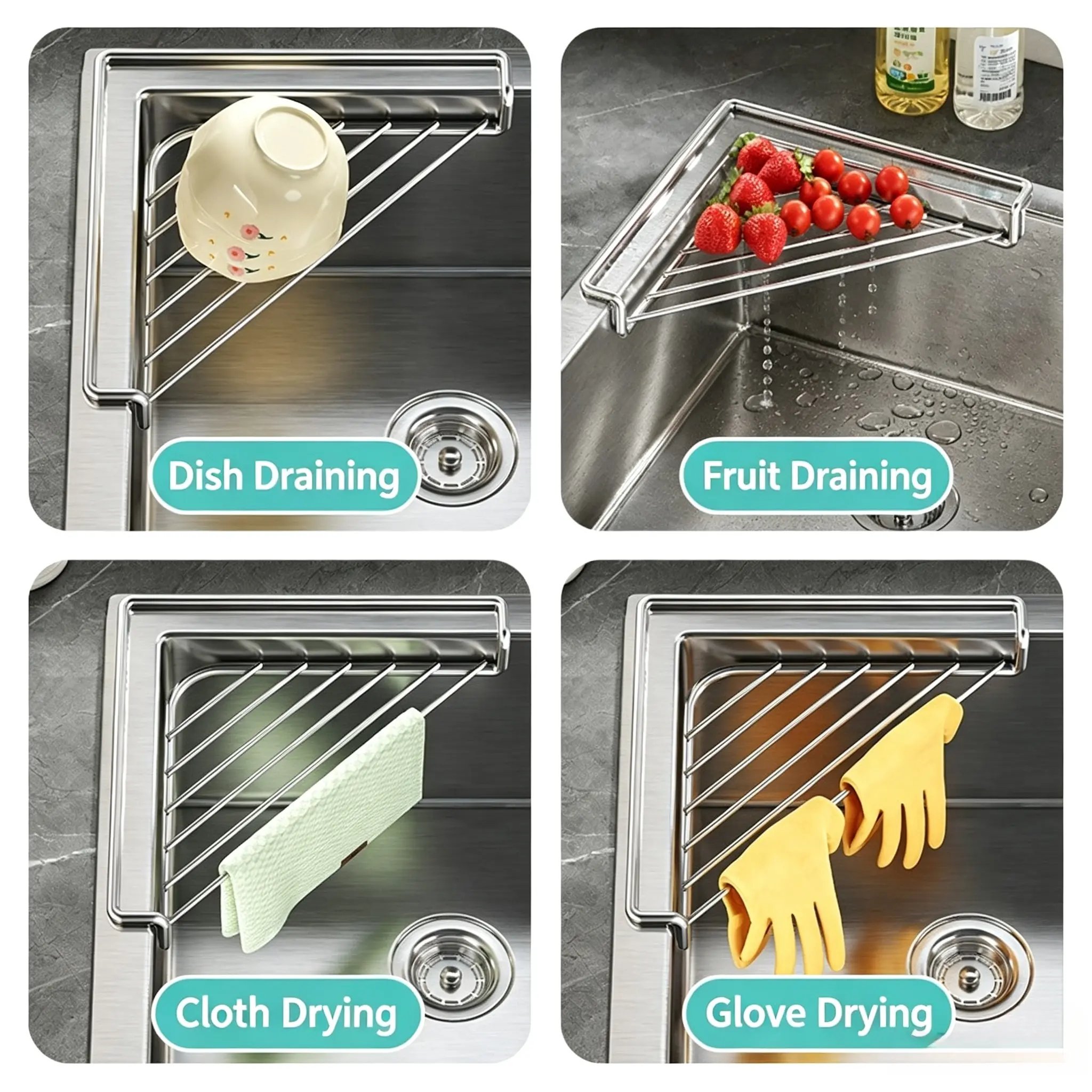 Multiple uses for corner sink draining shelf