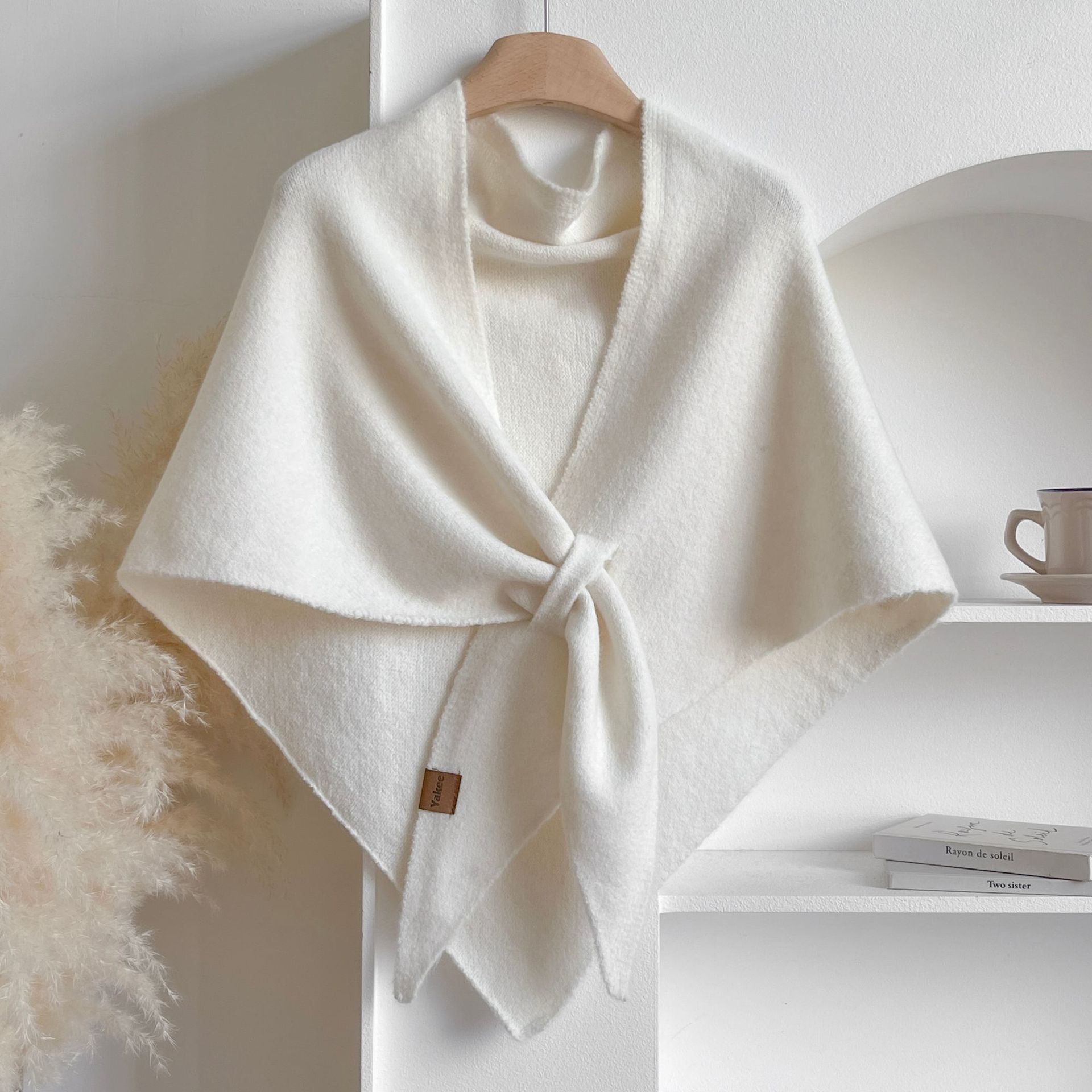 White knit shawl with a soft front tie