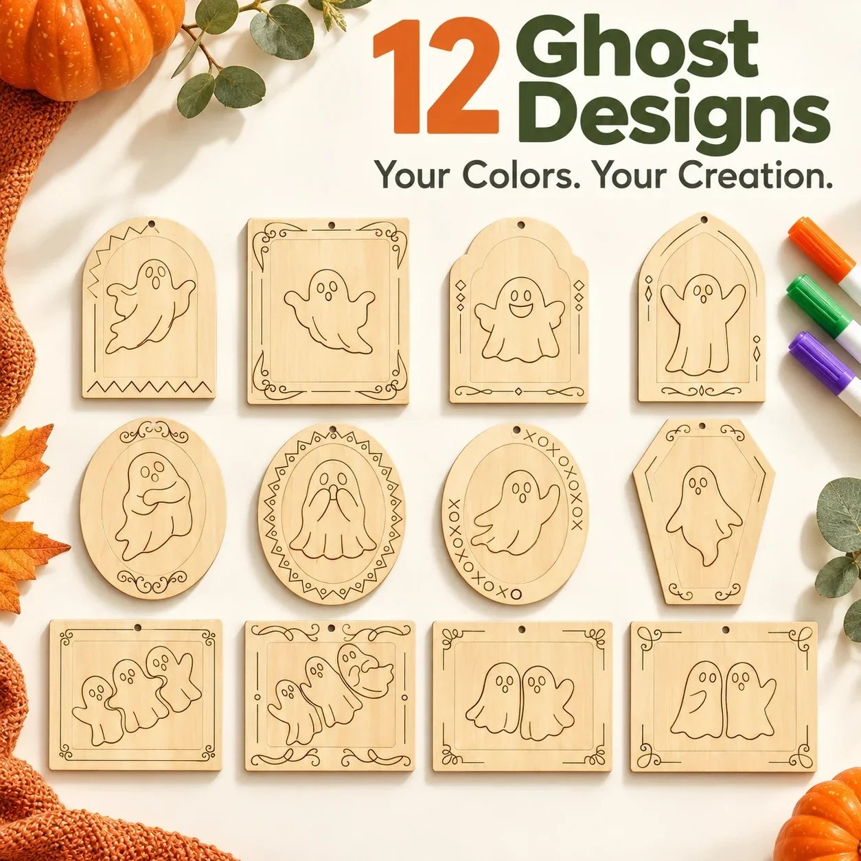 Twelve unfinished designs in the Ghost theme