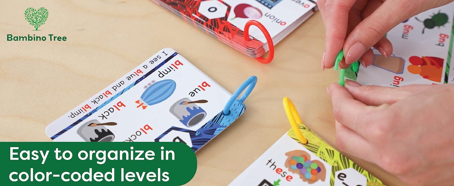 phonetics flash cards with sorting rings with color coded level system