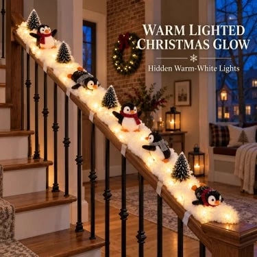 Warm glowing Christmas penguin staircase decoration