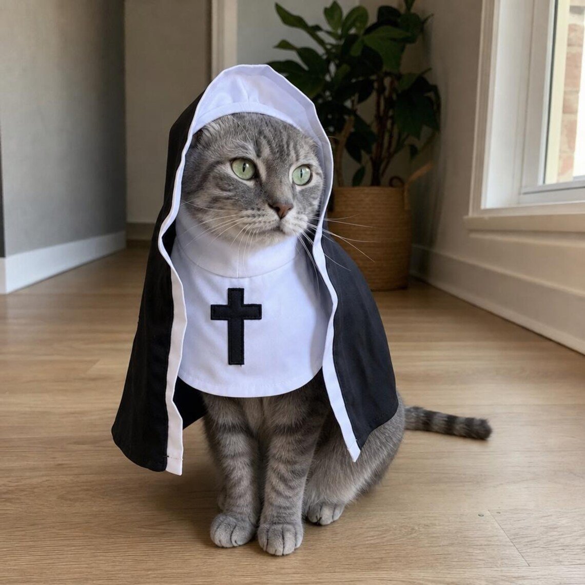 Cat wearing a nun costume for Halloween photos