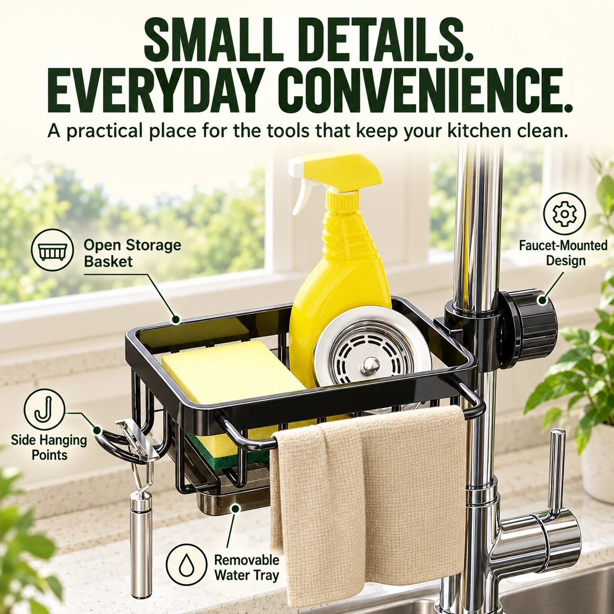 Sink caddy basket, side hooks, tray and faucet mounting features