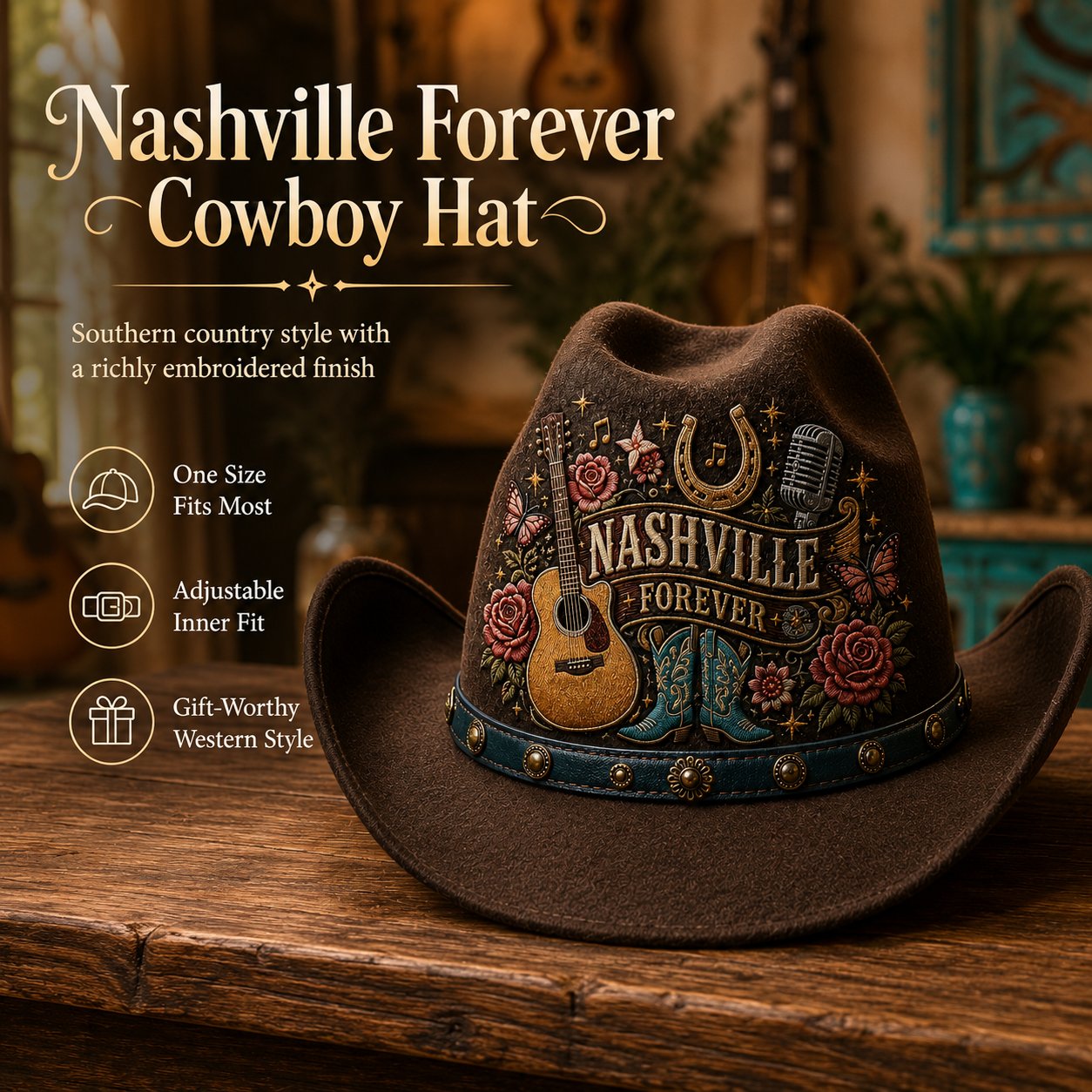 Nashville Forever cowboy hat with one-size, adjustable inner fit and gift-worthy style callouts