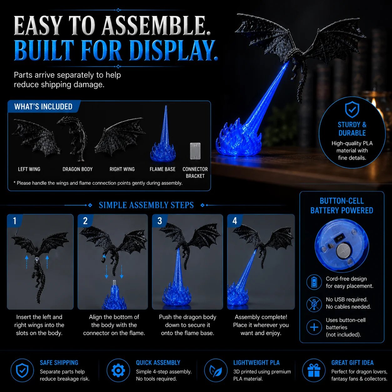 🐉🔥 3D Fire‑Breathing Dragon LED Light | Glowing Fantasy Bookshelf Decor