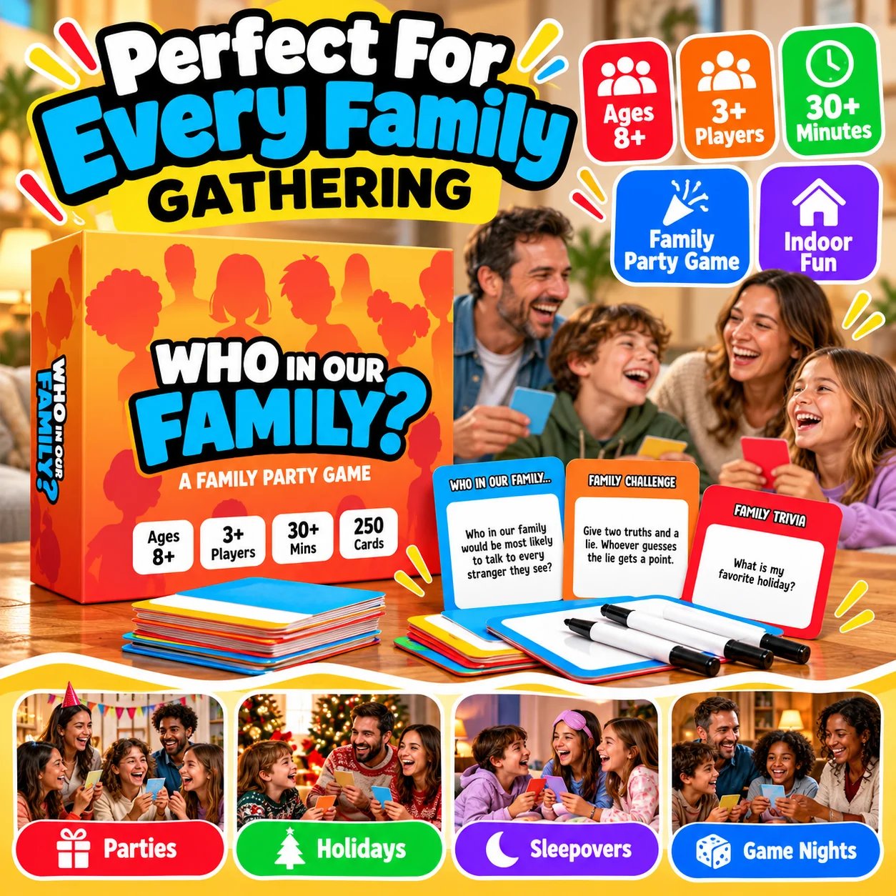 Who In Our Family party game for parties holidays sleepovers and game nights