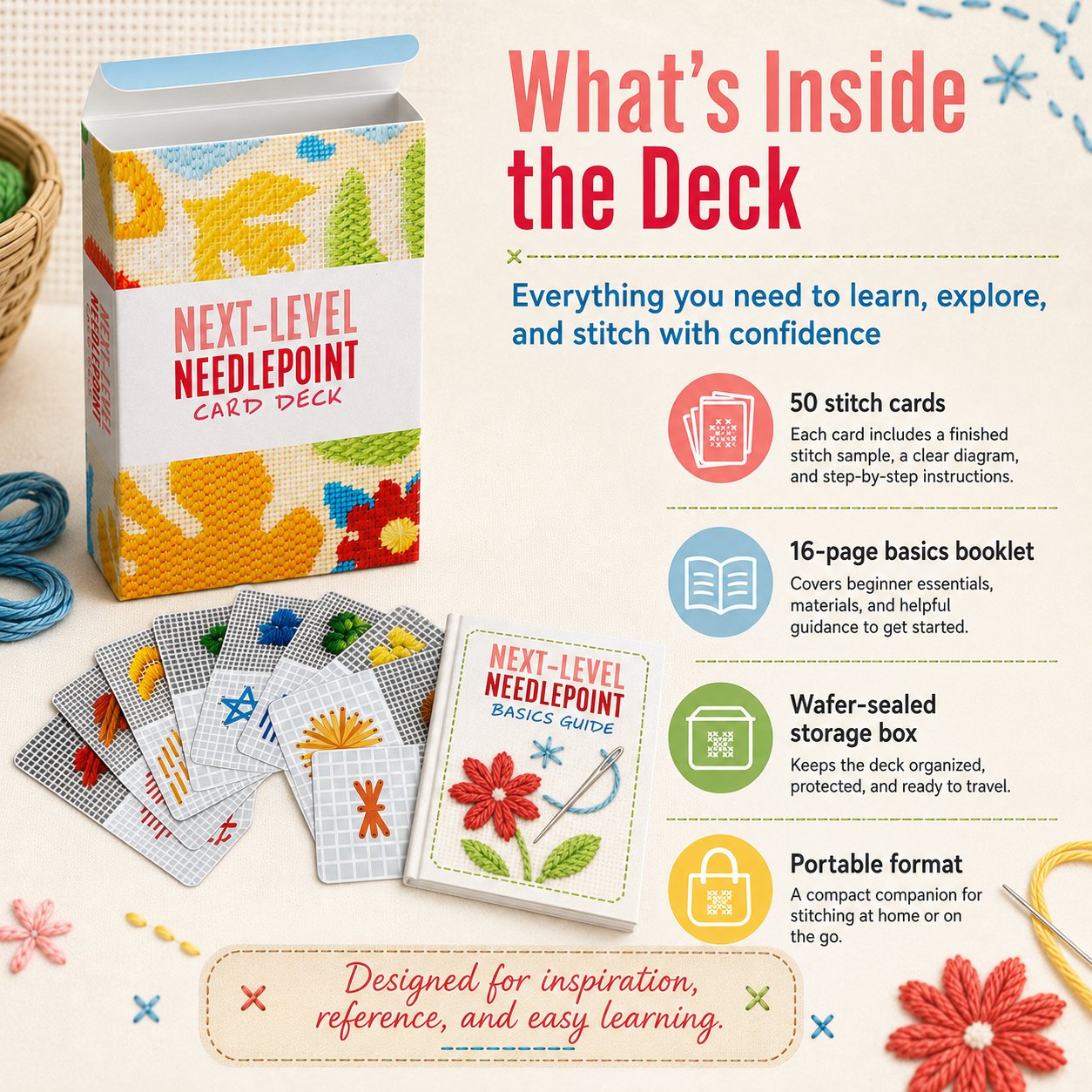 Complete Next-Level Needlepoint Card Deck with cards booklet and storage box