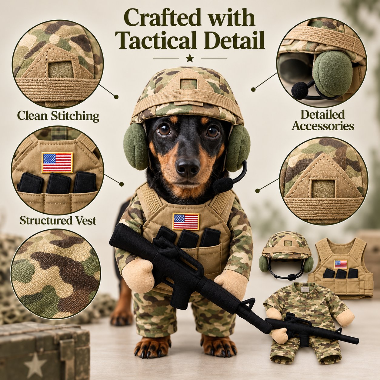 Close-up details of the camouflage outfit, vest and costume accessories