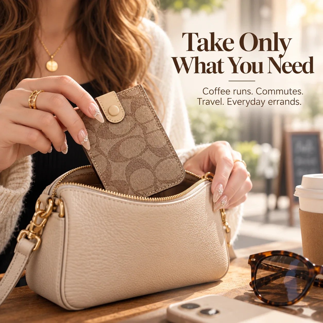 Compact snap card wallet placed inside a small handbag