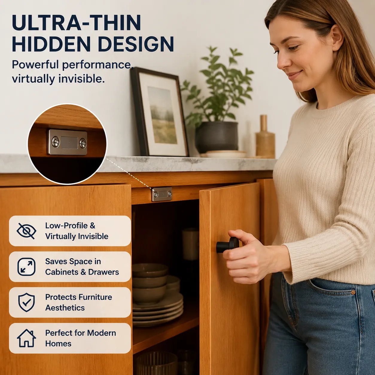Ultra thin hidden magnetic door catch
