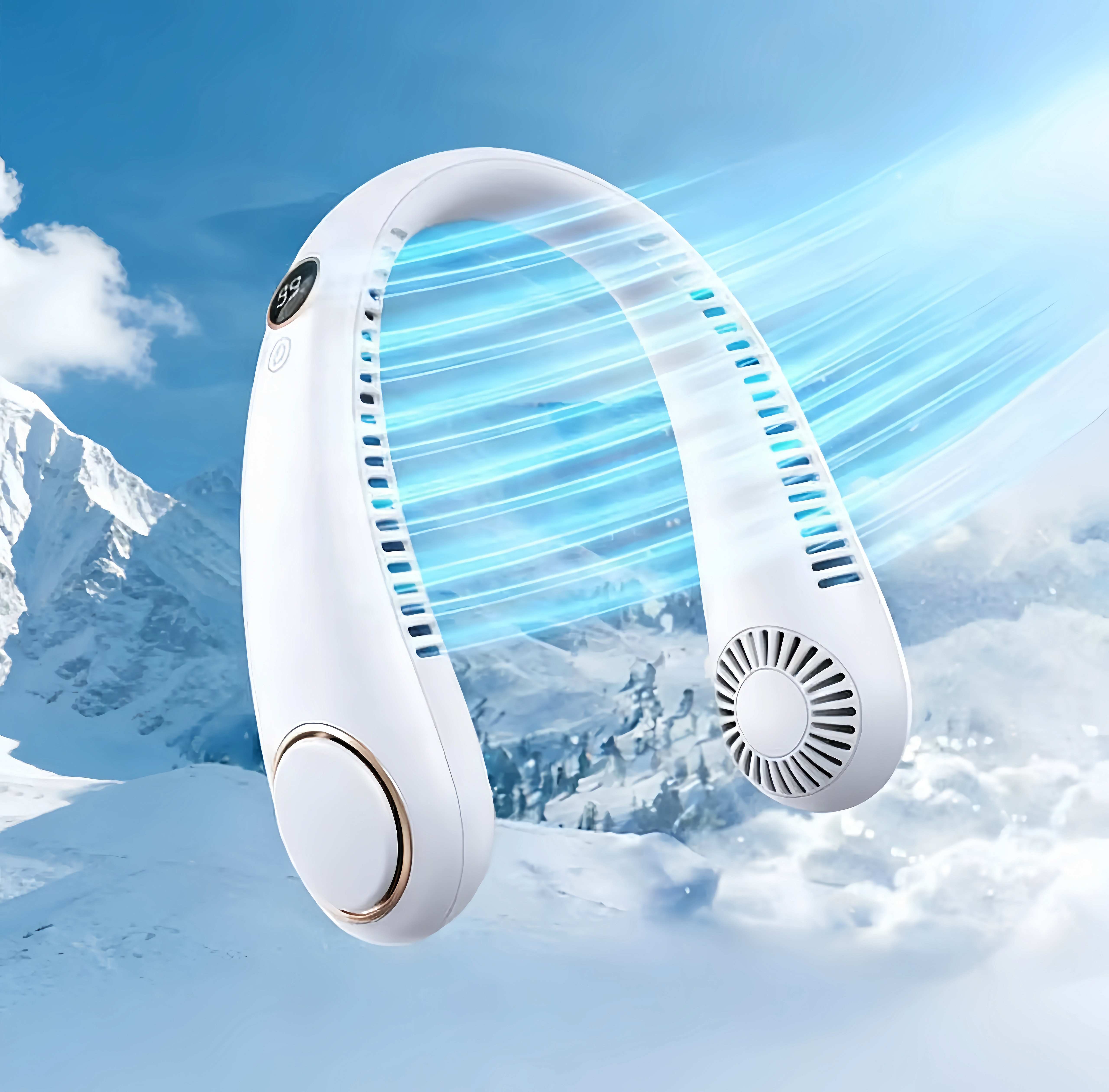 Bladeless neck fan sending cool airflow