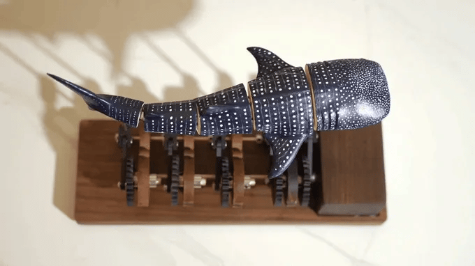Wooden whale shark kinetic sculpture