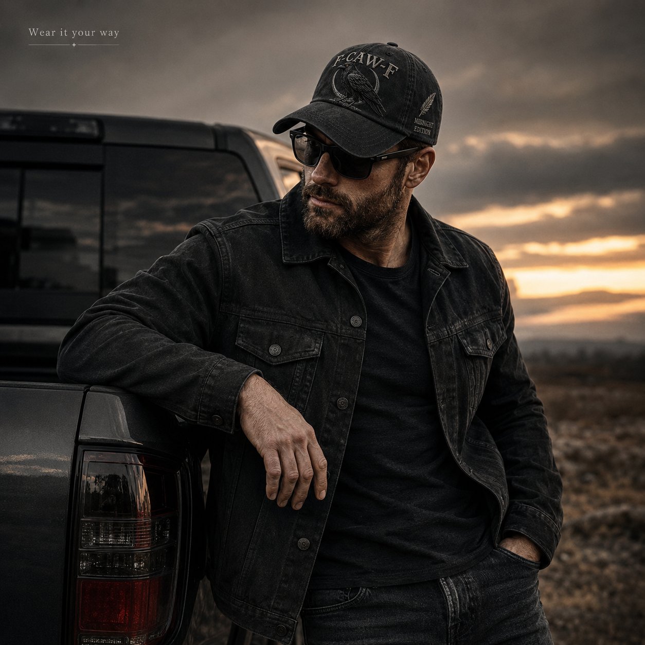 Man wearing F-CAW-F Midnight Edition Raven Cap