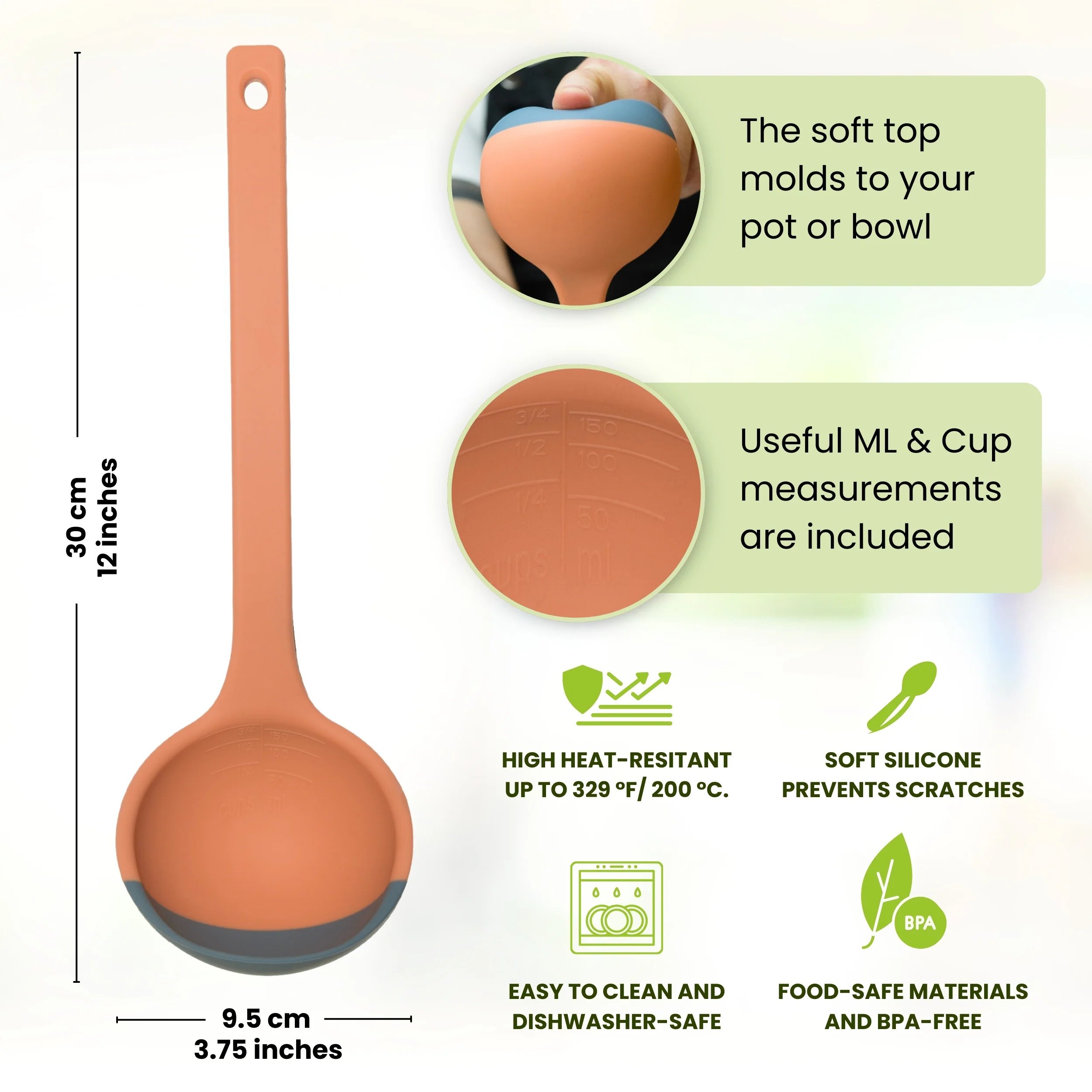 Three in one silicone ladle with measurement markings