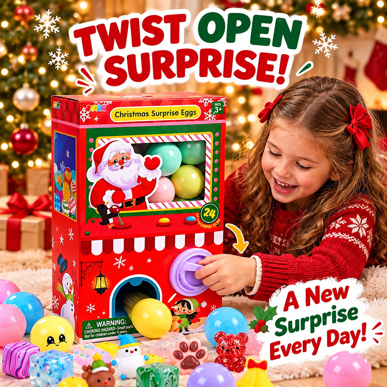 Child twisting the Santa-themed gachapon machine to reveal a capsule