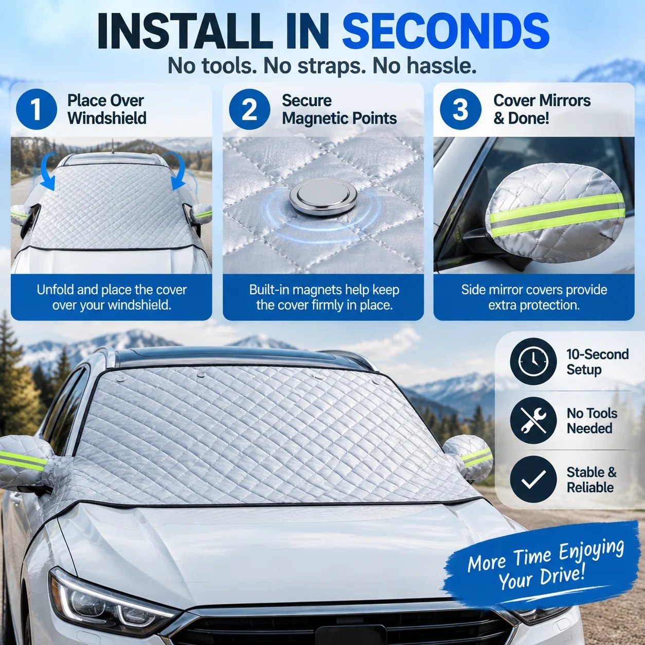Three-step installation guide for magnetic windshield cover