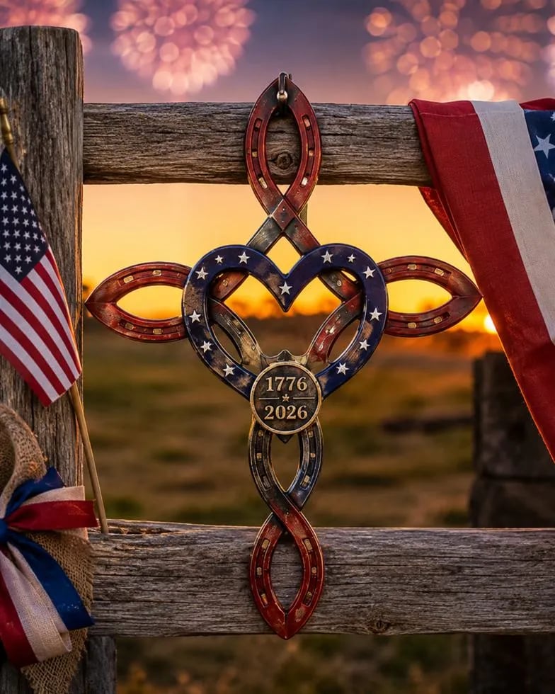 America 250th horseshoe cross on fence with Fourth of July sunset and fireworks