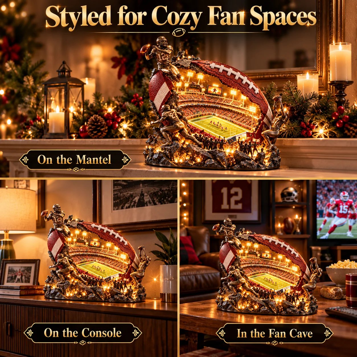 Football stadium collectible in mantel console and fan cave scenes