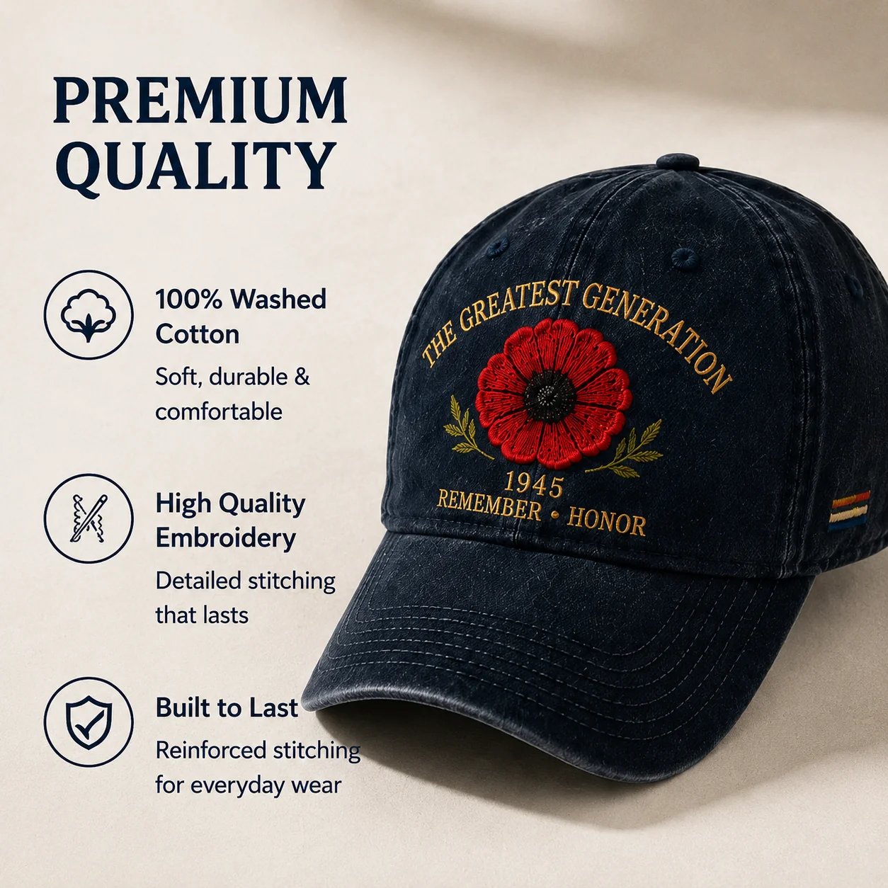 Washed cotton memorial cap quality