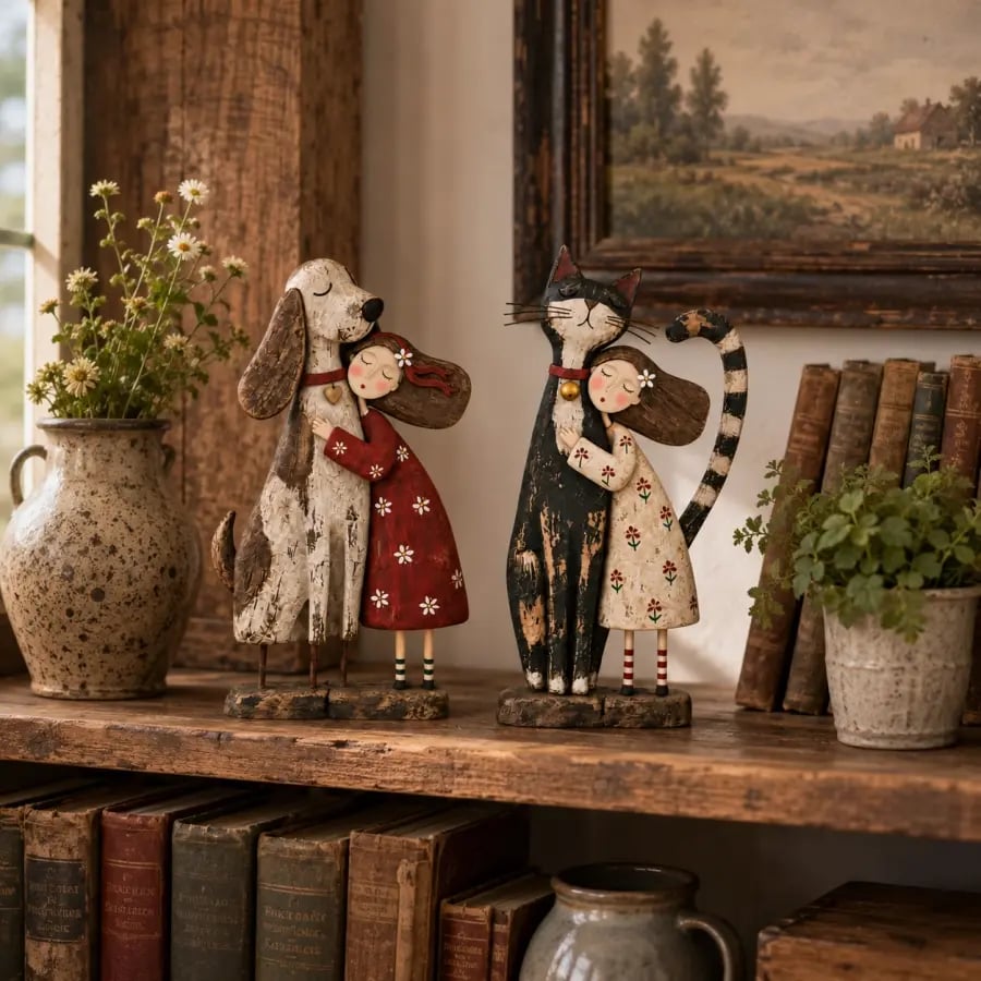 Both girl and best friend folk art figurines displayed together