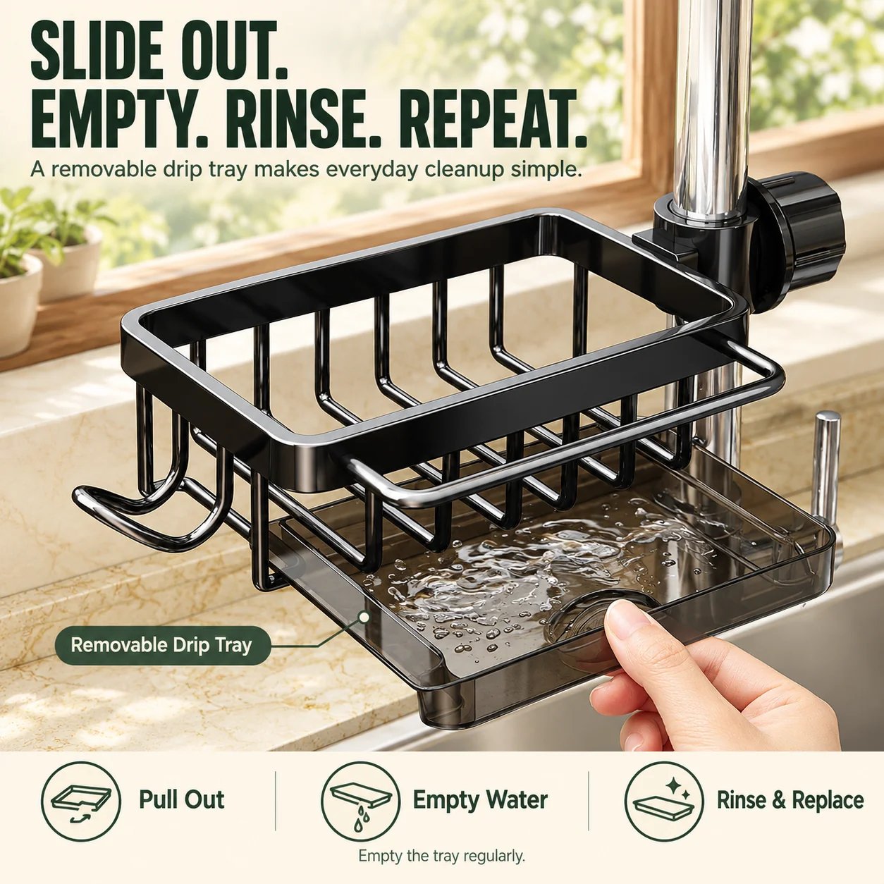 Organized sink caddy holding a sponge and cleaning tools