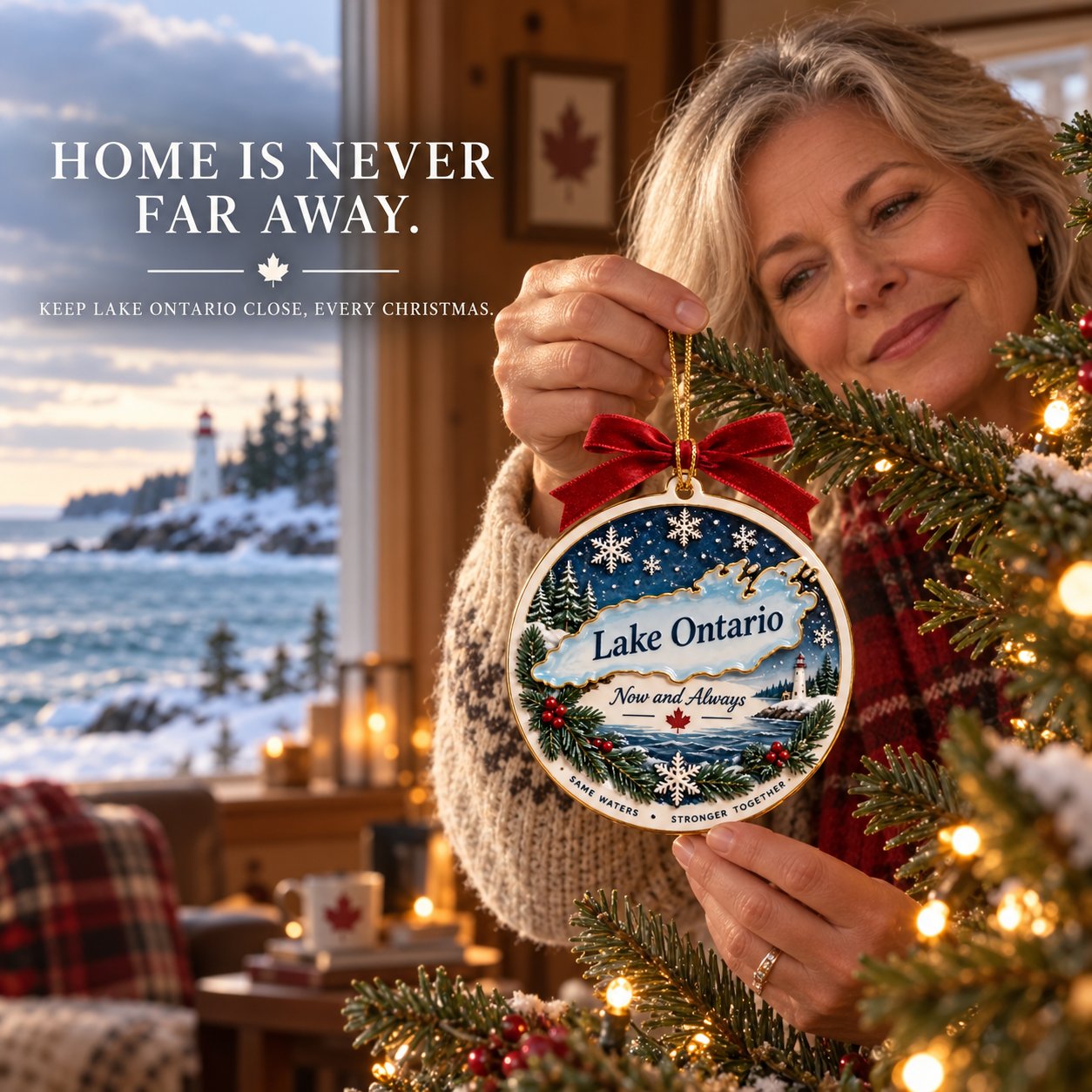 Woman holding a Lake Ontario keepsake ornament beside a winter lake view