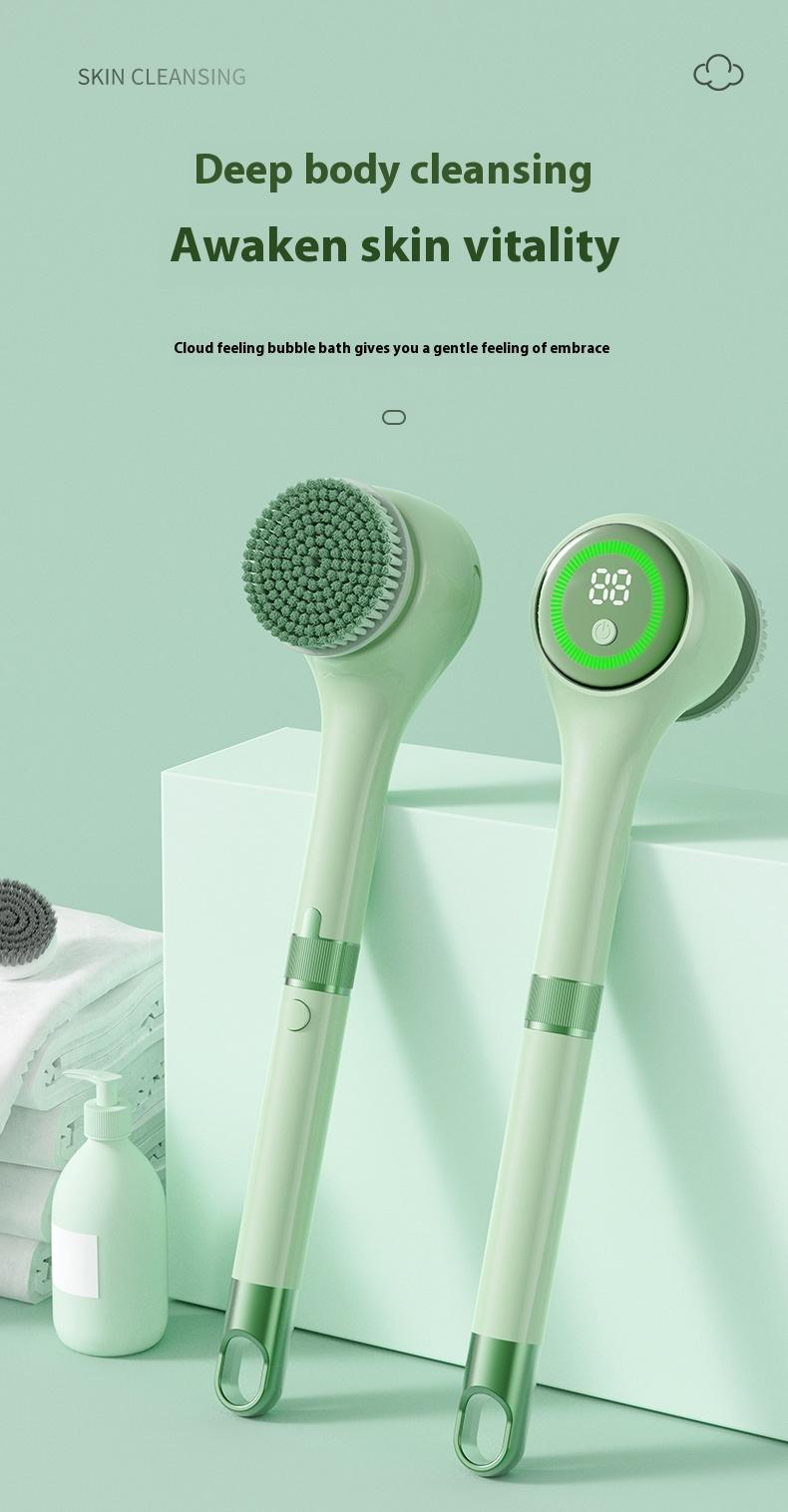 Rechargeable Motorized Electric Shower Back Scrubber - Long Handle IPX Waterproof PVC Spin Bath Brush with 5 Replaceable Heads, 3 Speed Modes, Exfoliating Massager for Adults Sensitive Skin, USB, Full Body (Shoulders, Calves Care, Great Gift Option)