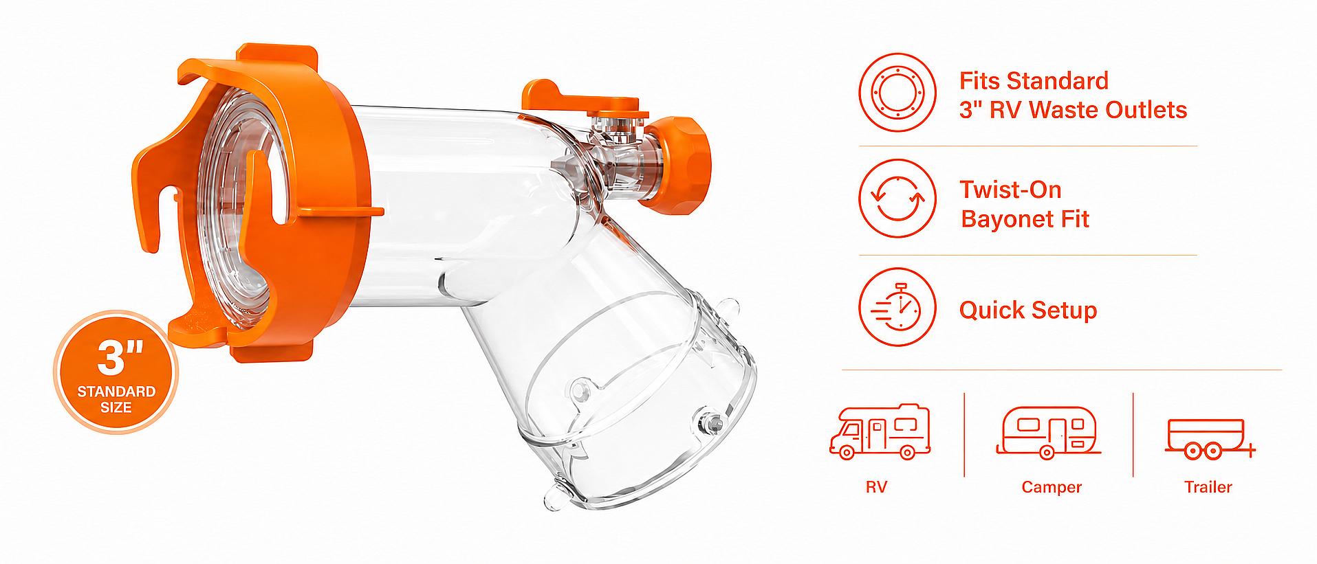 RV Tank Rinser with 45-Degree Clear Sewer Hose Adapter, Shut-Off Valve, Leak-Resistant Bayonet Fitting for 3-Inch Standard RV Sewer Outlets, Reverse Flush for Black Water Tanks RV Tank Rinser with 45-Degree Clear Sewer Hose Adapter, Shut-Off Valve, Leak-Resistant Bayonet Fitting for 3-Inch Standard RV Sewer Outlets, Reverse Flush for Black Water Tanks