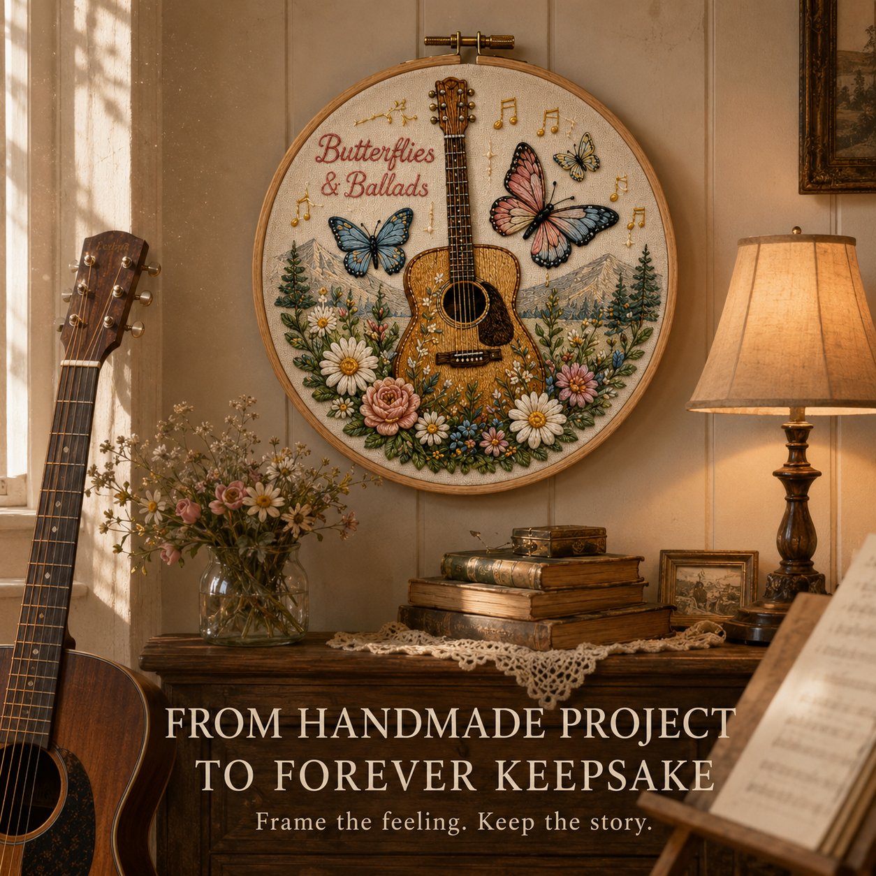 Completed Southern Country embroidery displayed as home decor