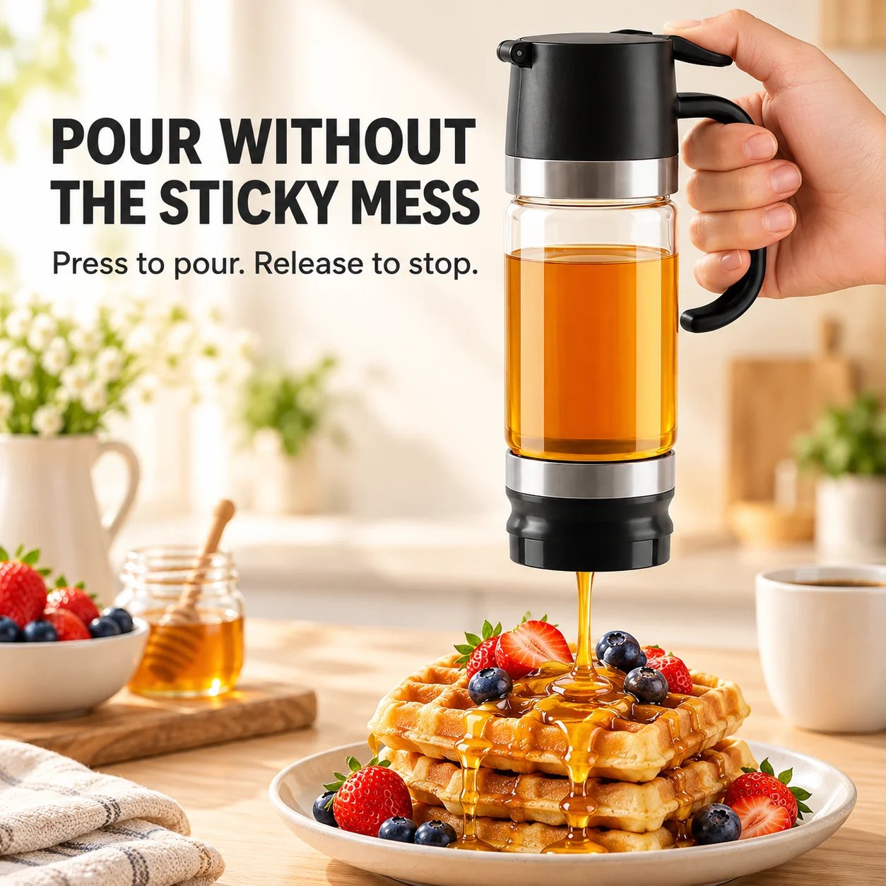 No-drip honey and syrup dispenser