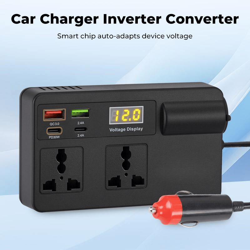 Car Charger Inverter Converter with Voltage Display and USB Ports
