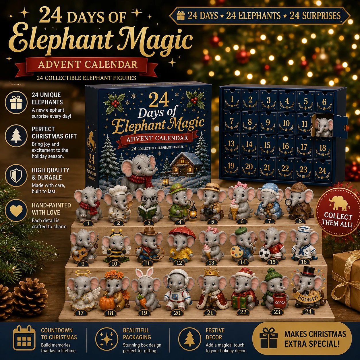 Different collectible elephant personalities from the Advent Calendar