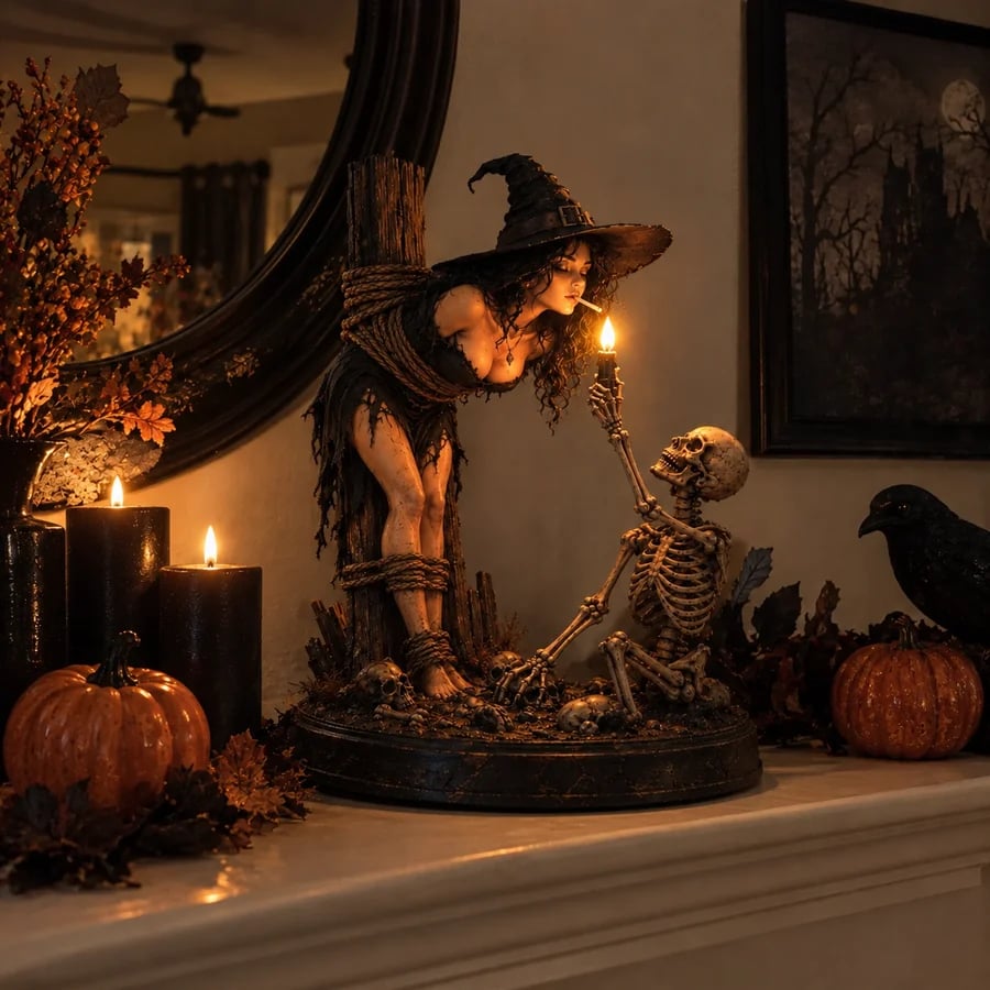 Customer entryway Halloween witch skeleton display