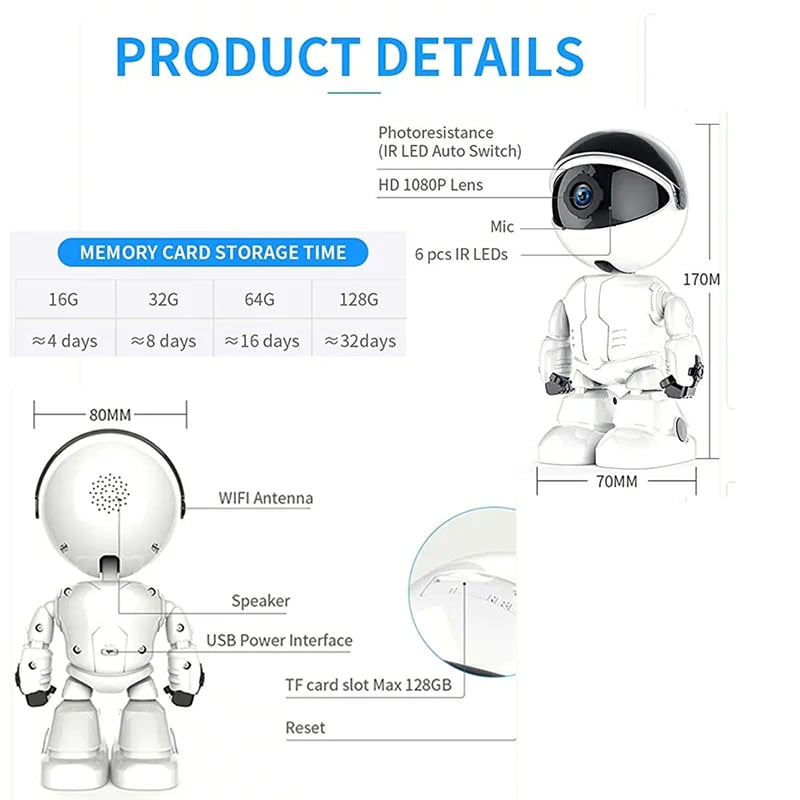 1MP Robot IP Camera Indoor Outdoor Security Camera WiFi Wireless Webcam (HD Version, No Card) - White 16